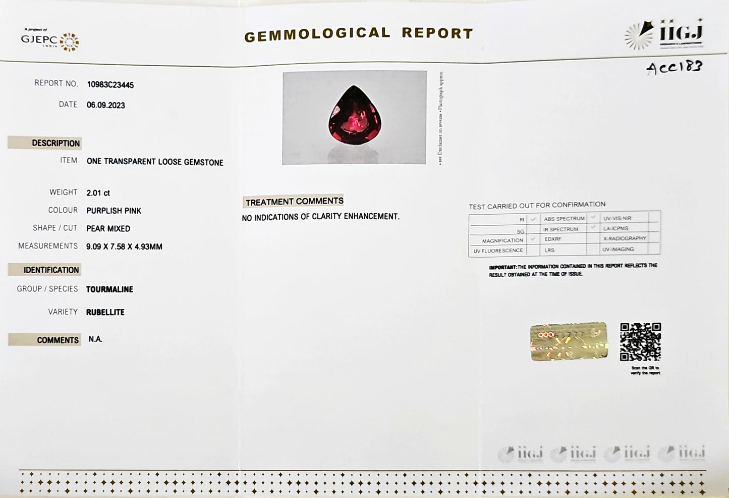 Certified Rubellite Tourmaline Pear 2.00 Carats ACCI83