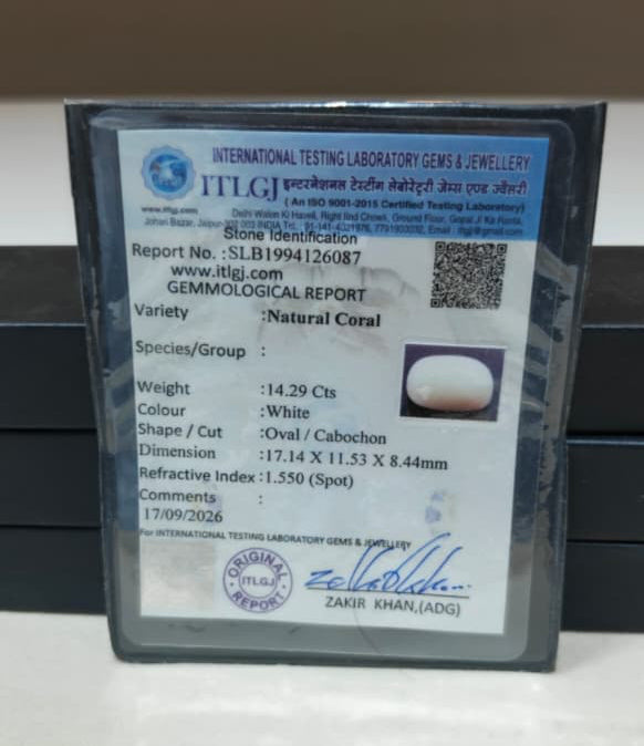 Certified Coral (Safed Moonga) 14.29 Cts ( 15.68 Ratti) Italian SKU- C0-05