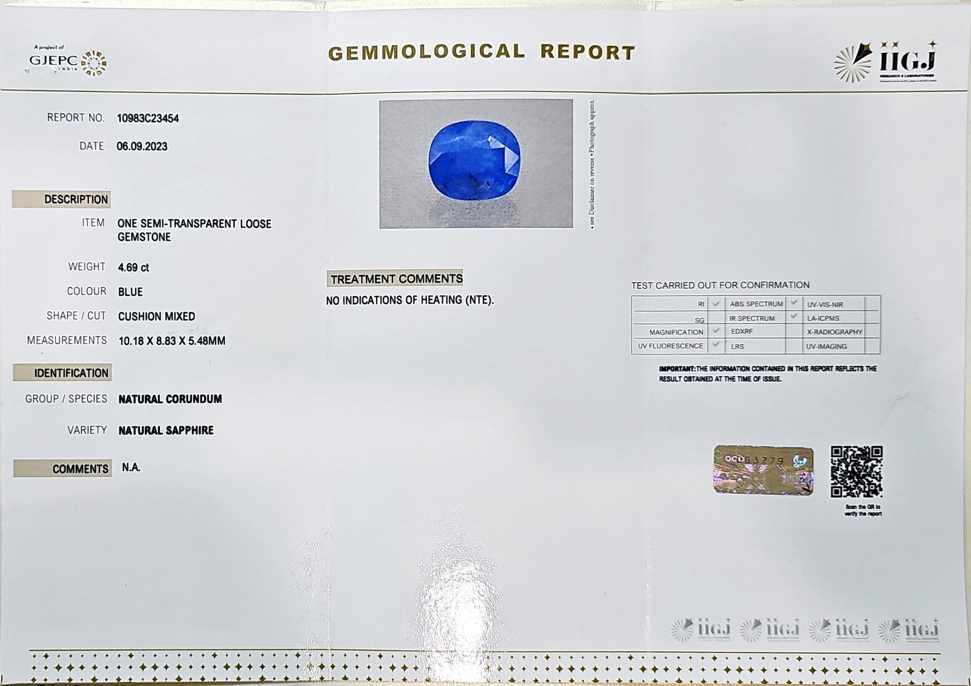 Certified Blue Sapphire-4.69 Carats (5.16Ratti) Sri Lanka (Ceylon), SKU:FWZI07