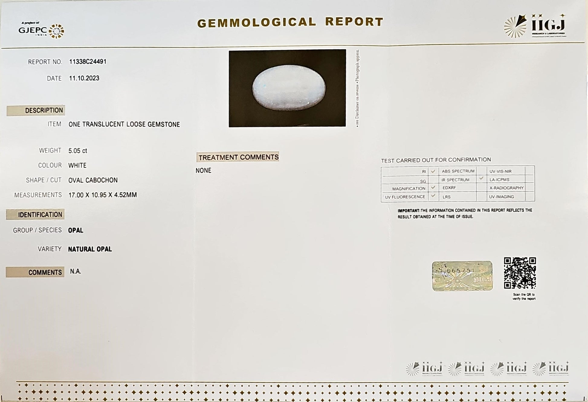 Certified Australian Opal 5.05 Cts (5.56 Ratti) UJZI74