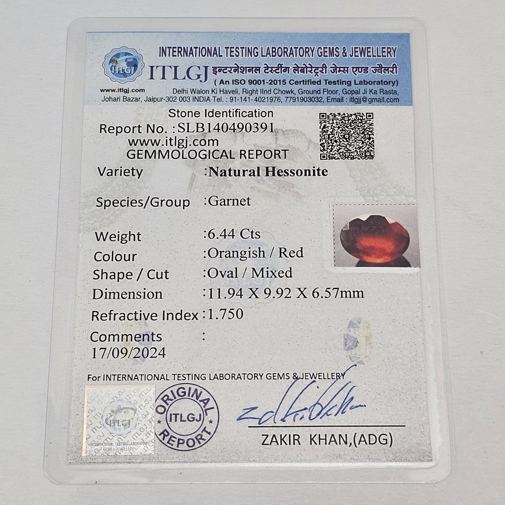 Certified Hessonite (Gomed) 6.44 Cts (7.08 Ratti) India ACNF31