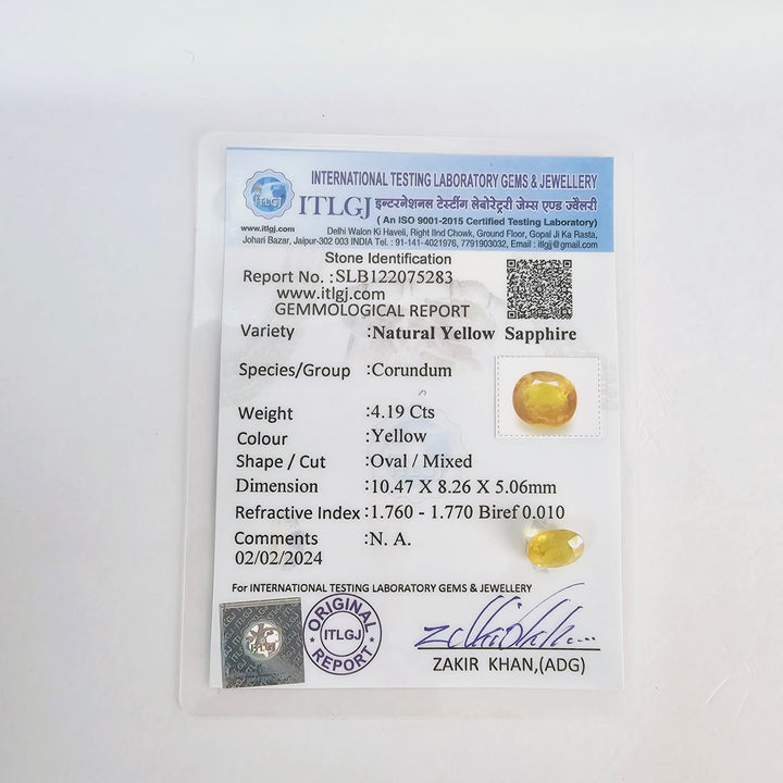 Certified Yellow Sapphire (Pukhraj) 4.15 Cts (4.56 Ratti) Thailand