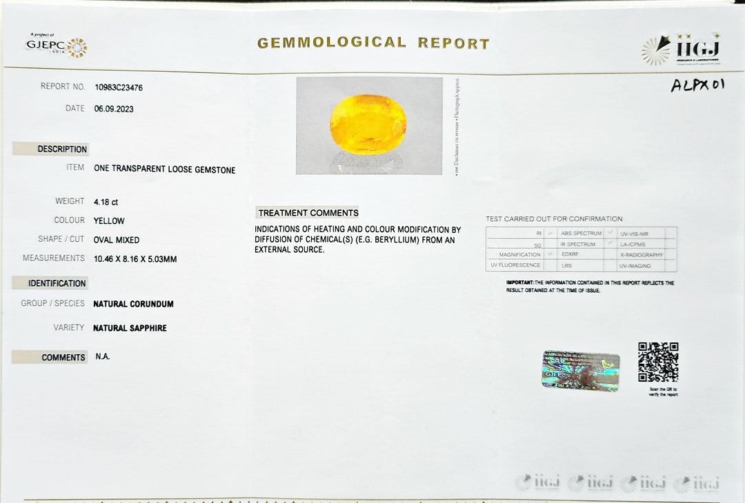 Certified Yellow Sapphire-4.15 Carats (4.56 Ratti) Thailand, SKU:ALPX01