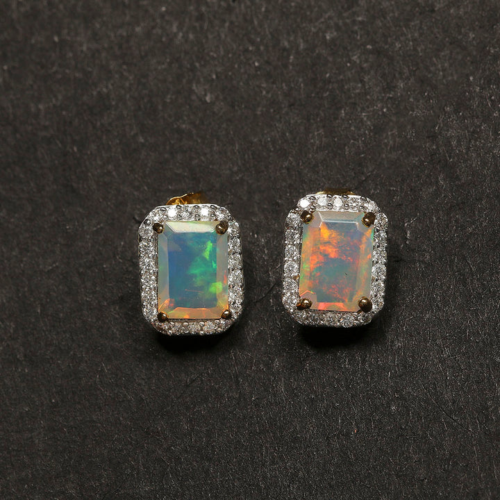 Luxurious Opal Diamond Earring Studs in 14k Gold(AONK01)