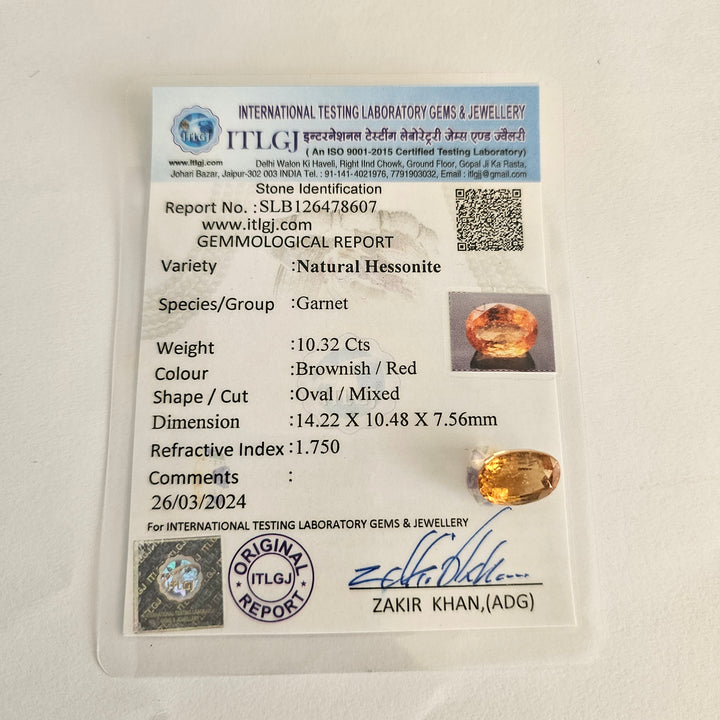 Certified Hessonite (Gomed) 10.30 Cts (11.33 Ratti) Sri Lanka (Ceylon)