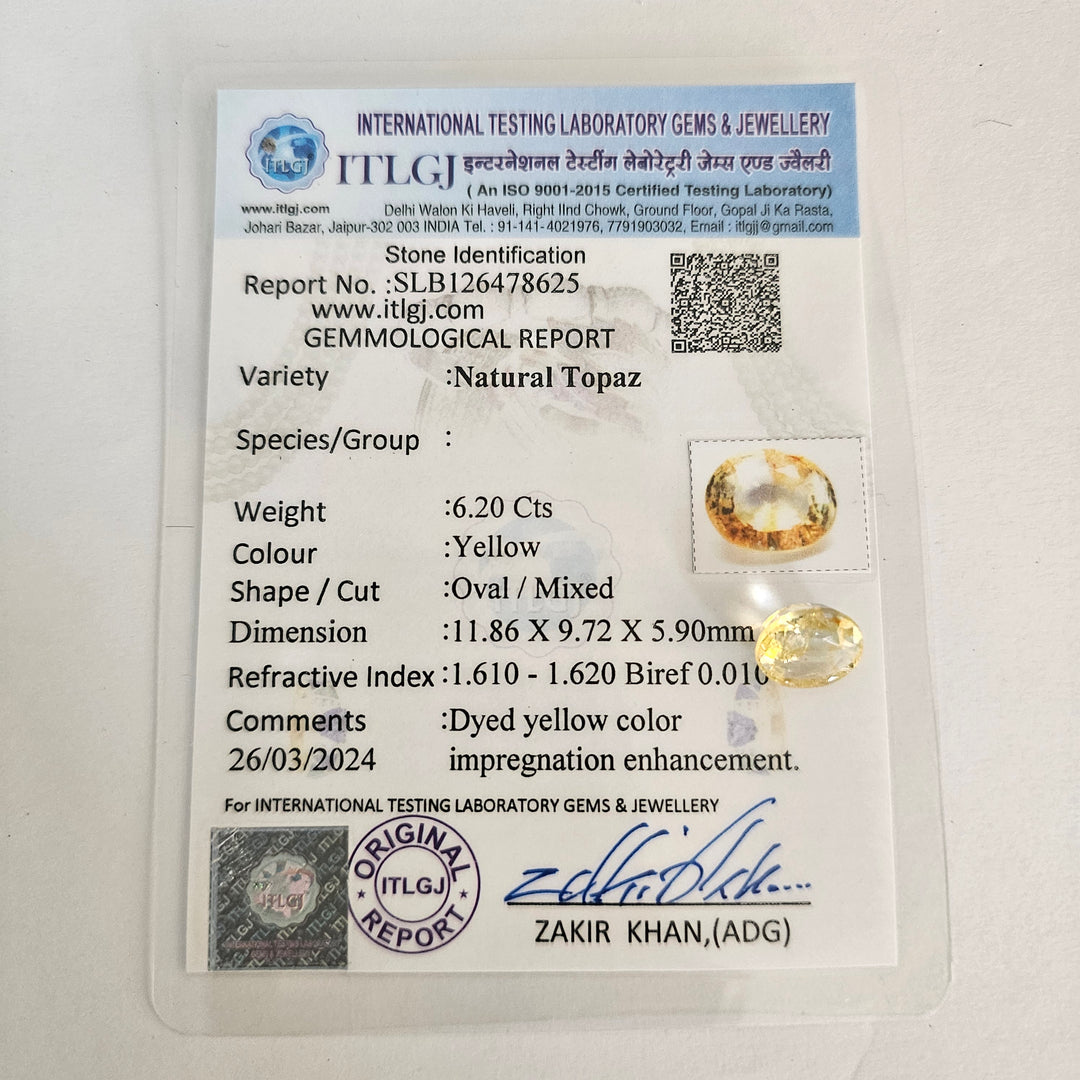 Certified Yellow Topaz 6.20 Cts (6.82 Ratti)