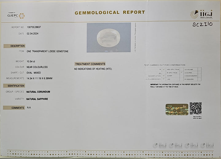 White Sapphire (Pukhraj) 10.53 Cts (11.58 Ratti) Sri Lanka (Ceylon)