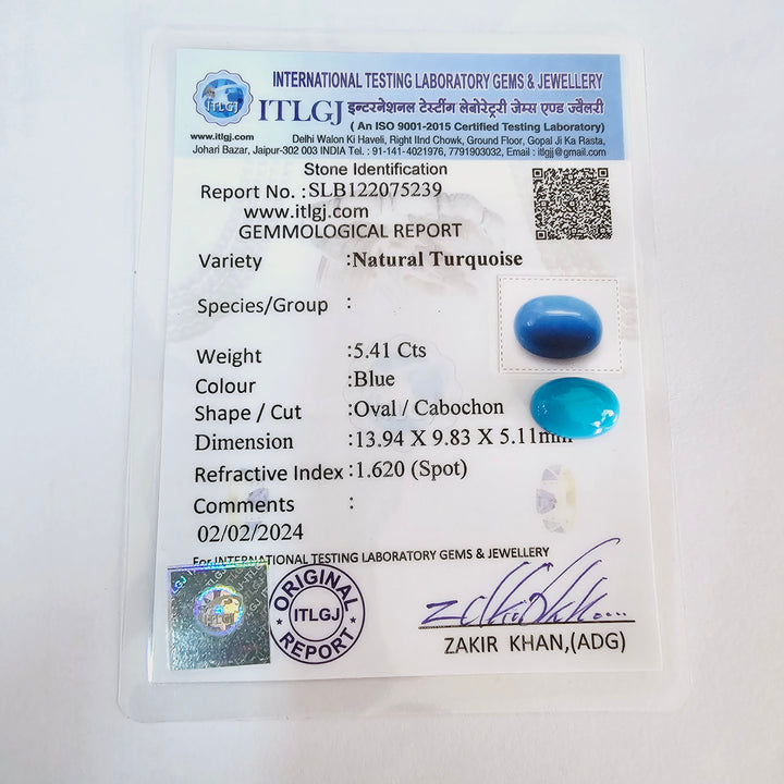 Certified Arizona Turquoise (Firoza) Oval 4.90 Cts (5.39 Ratti)