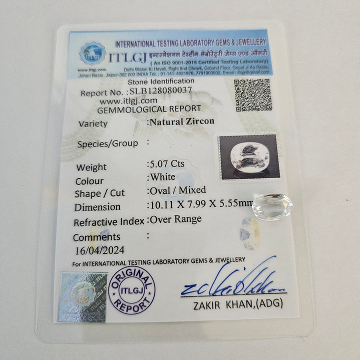 Certified White Zircon 5.07 Cts (5.58 Ratti)