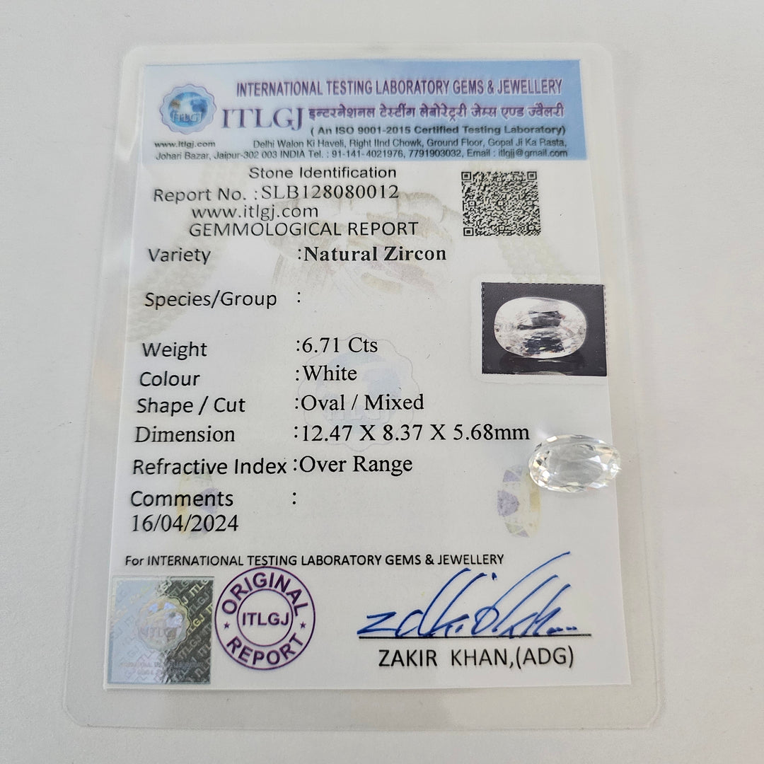 Certified White Zircon 6.70 Cts (7.37 Ratti)