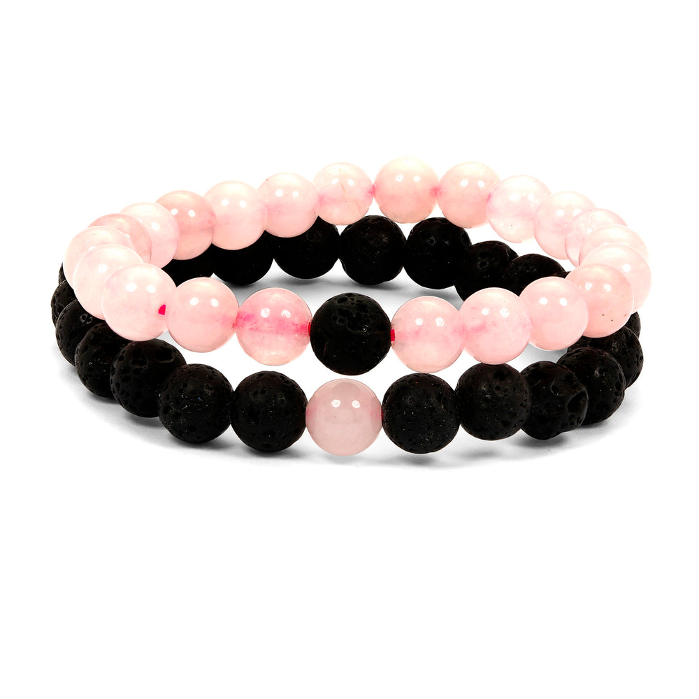 Set of 2 Bracelets in Rose Quartz and Black Lava