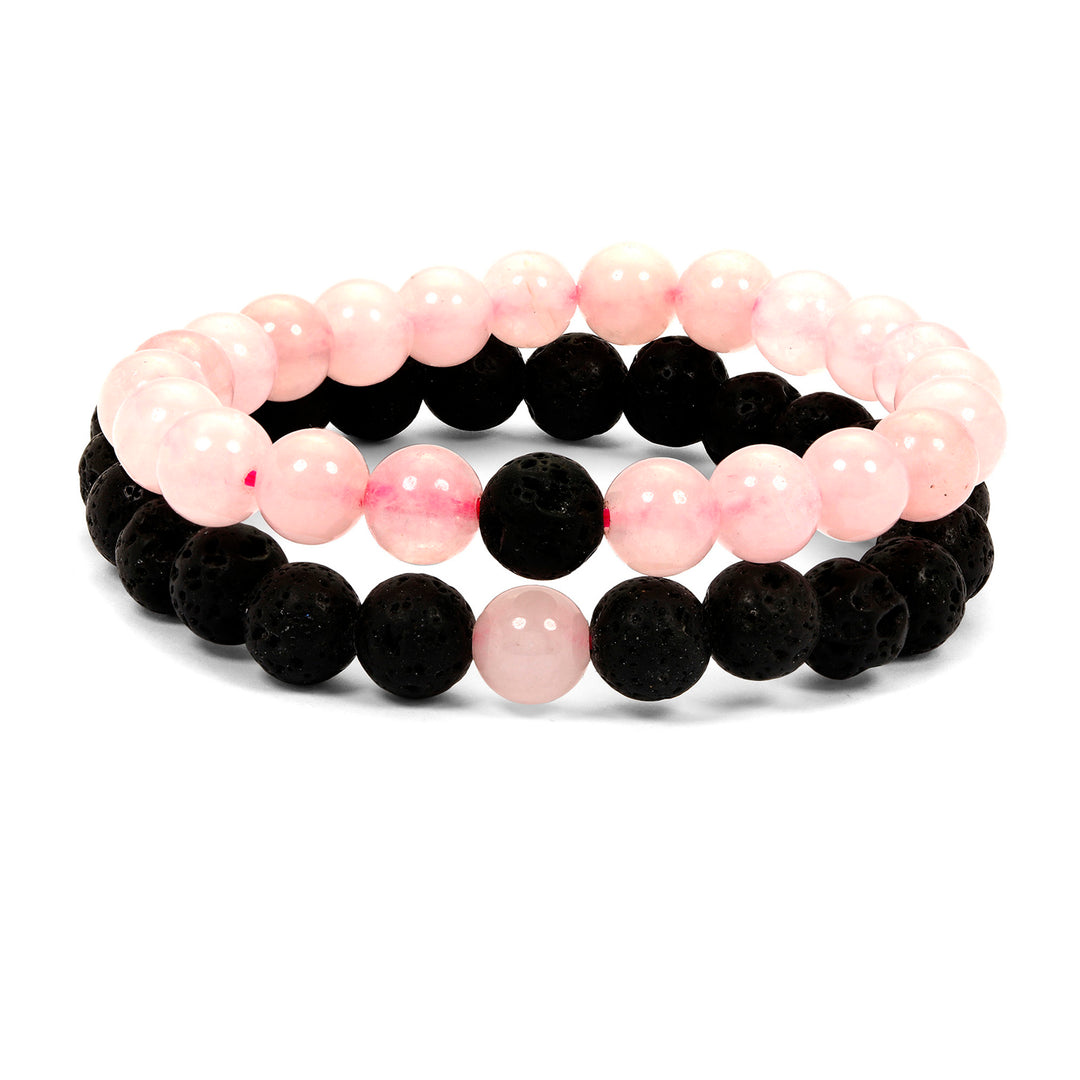 Set of 2 Bracelets Black Lava and Natural Rose Quartz Gemstone For Fashion 8mm