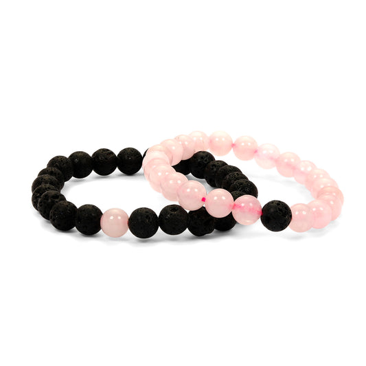 Set of 2 Bracelets Black Lava and Natural Rose Quartz Gemstone For Fashion 8mm