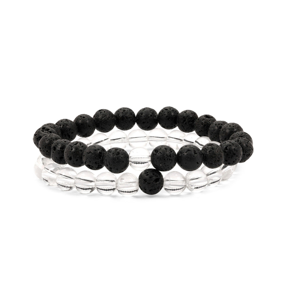 Set of 2 Bracelets in Clear Quartz(Sphatik) and Black Lava