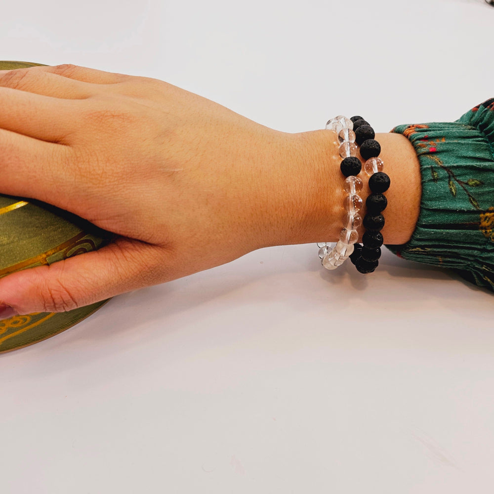 Set of 2 Bracelets in Clear Quartz(Sphatik) and Black Lava