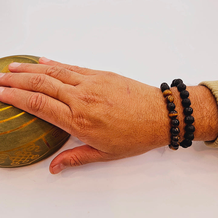 Set of 2 Bracelets in Black Lava and Tiger's Eye