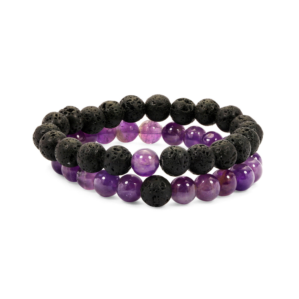Set of 2 Bracelets in Amethyst and Black Lava (8mm)