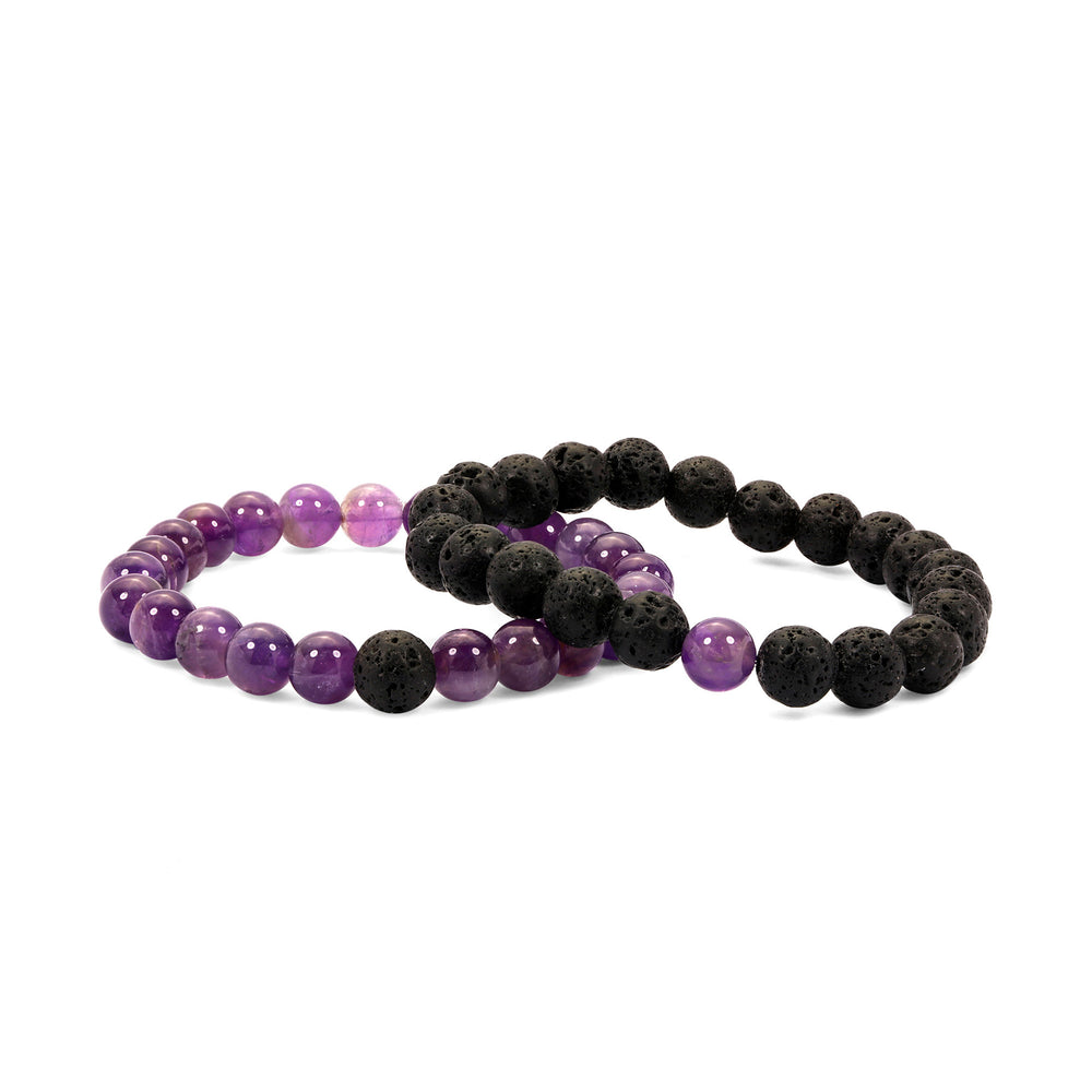 Set of 2 Bracelets in Amethyst and Black Lava (8mm)