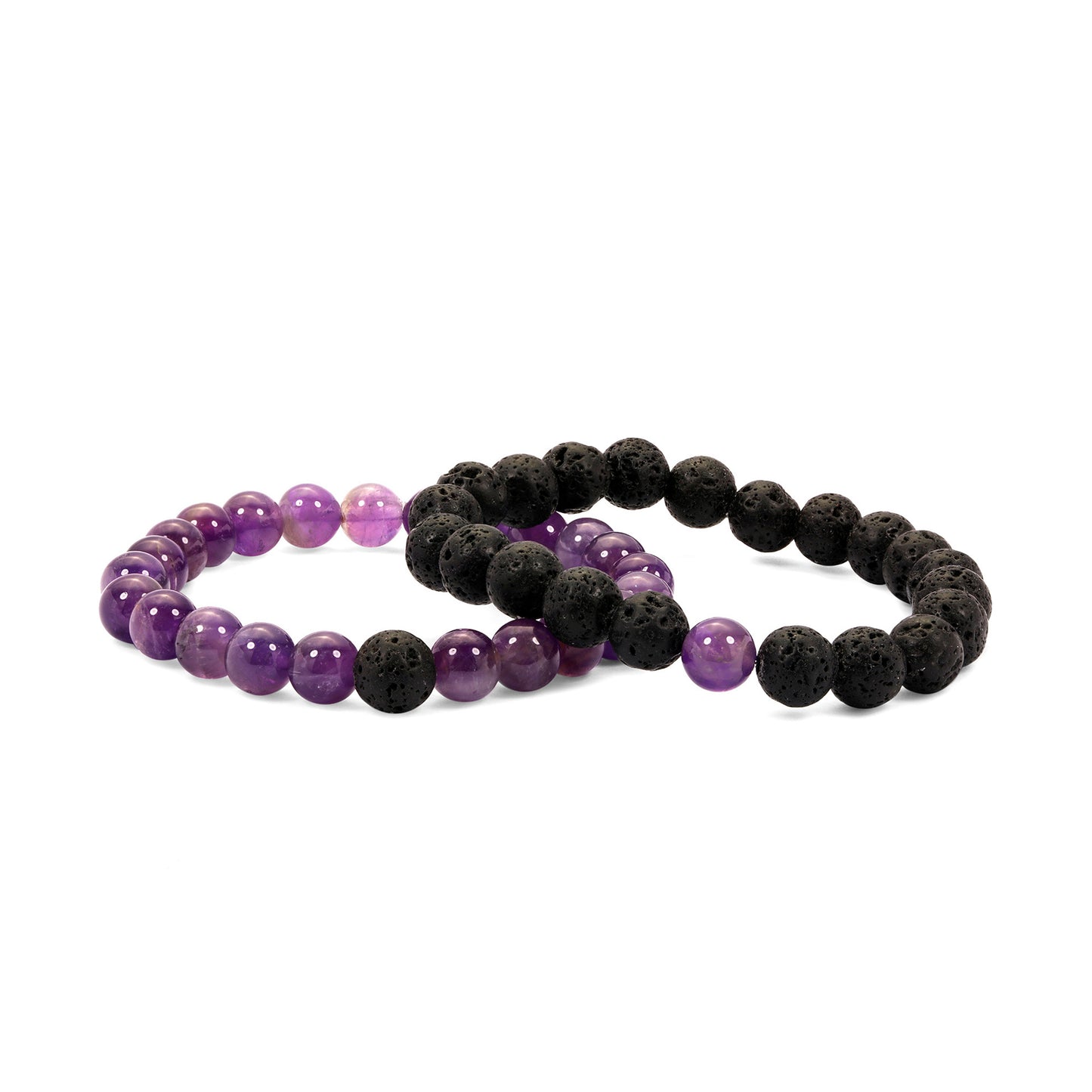 Set of 2 Bracelets in Black Lava and Amethyst