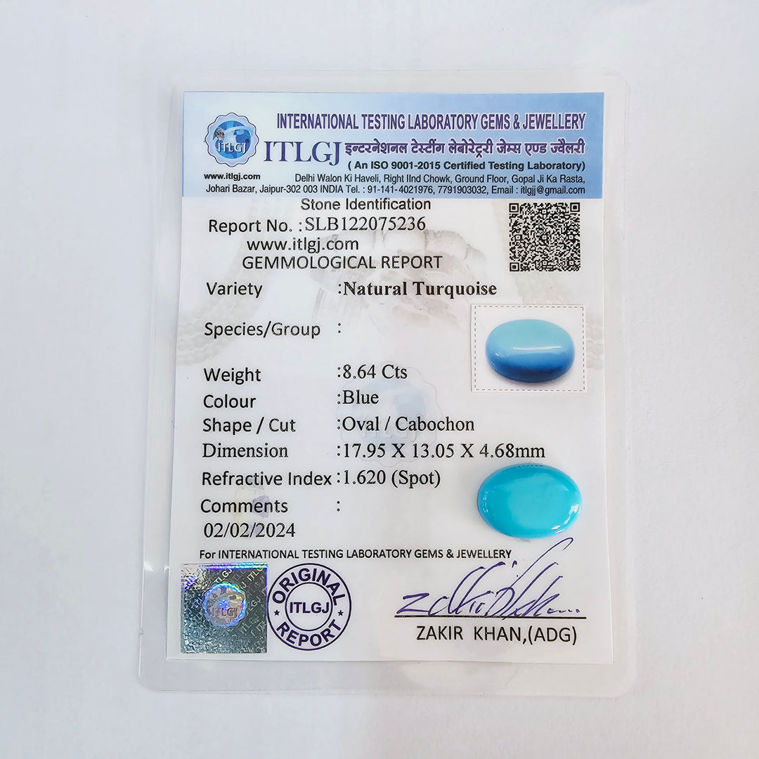 Certified Arizona Turquoise (Firoza) Oval 8.65 Cts (9.51 Ratti)