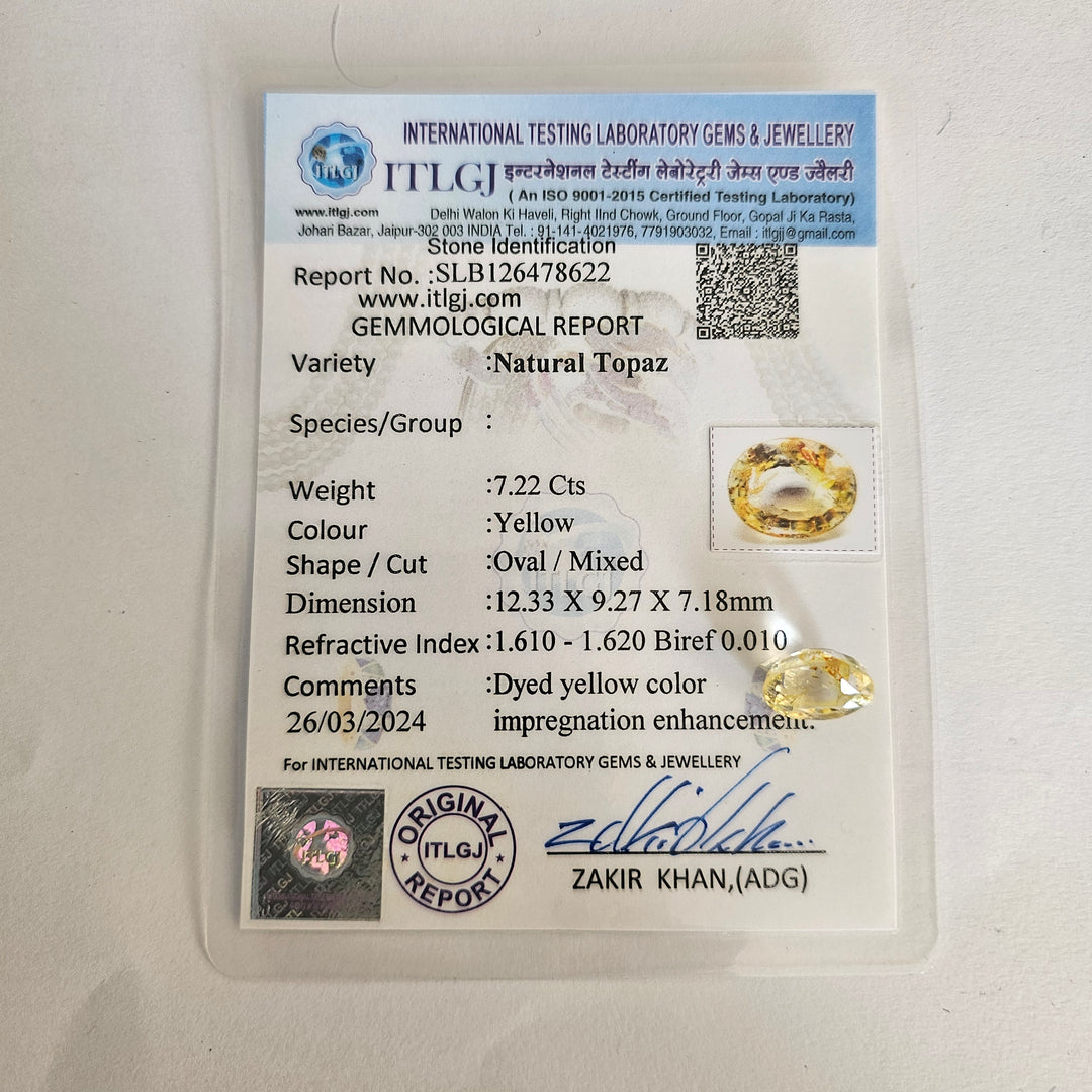 Natural Yellow Topaz 7.20 Cts (7.92 Ratti)