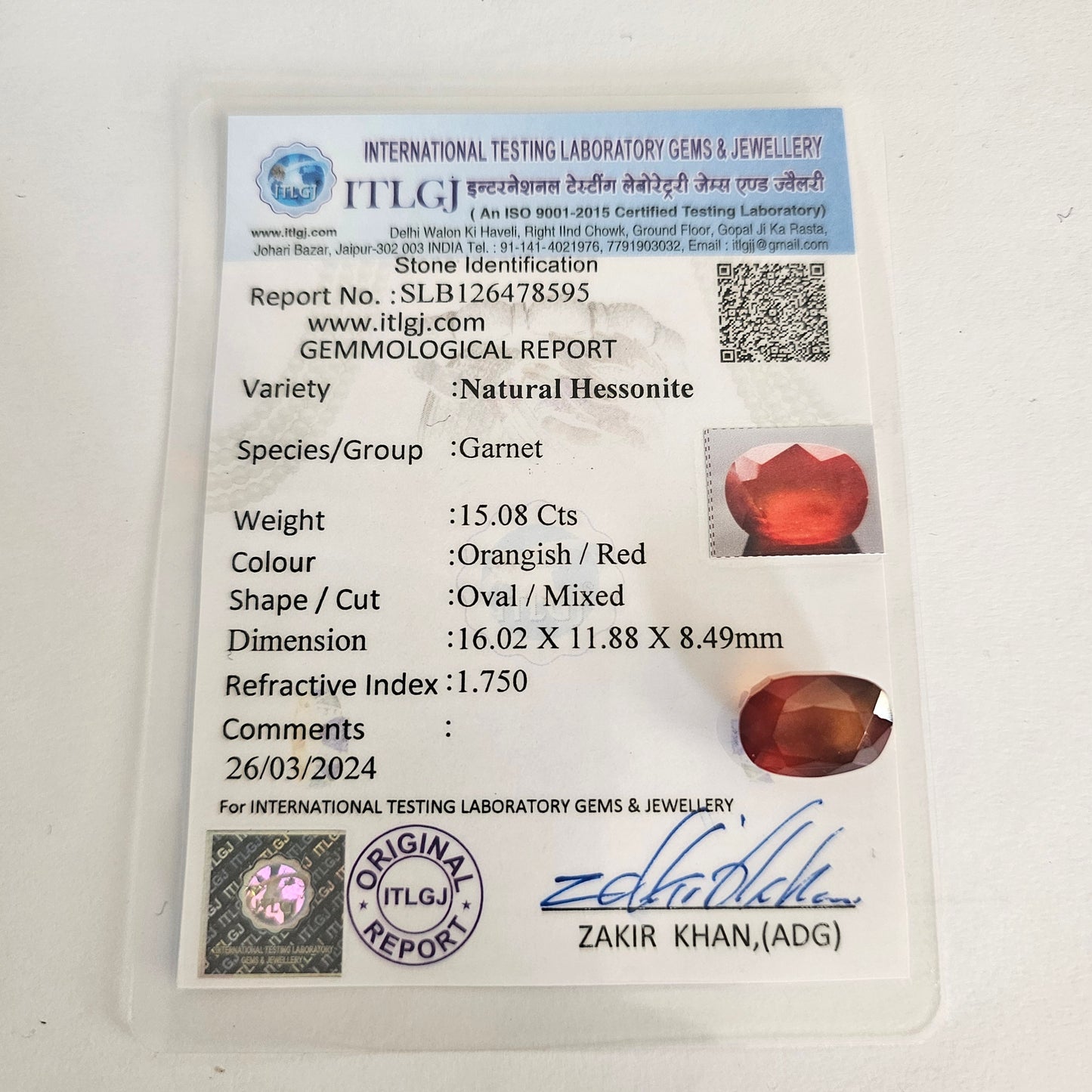 Certified Hessonite (Gomed) 15.08 Cts (16.58 Ratti) India CKZI34