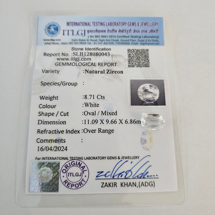 Certified White Zircon 8.70 Cts (9.57 Ratti)