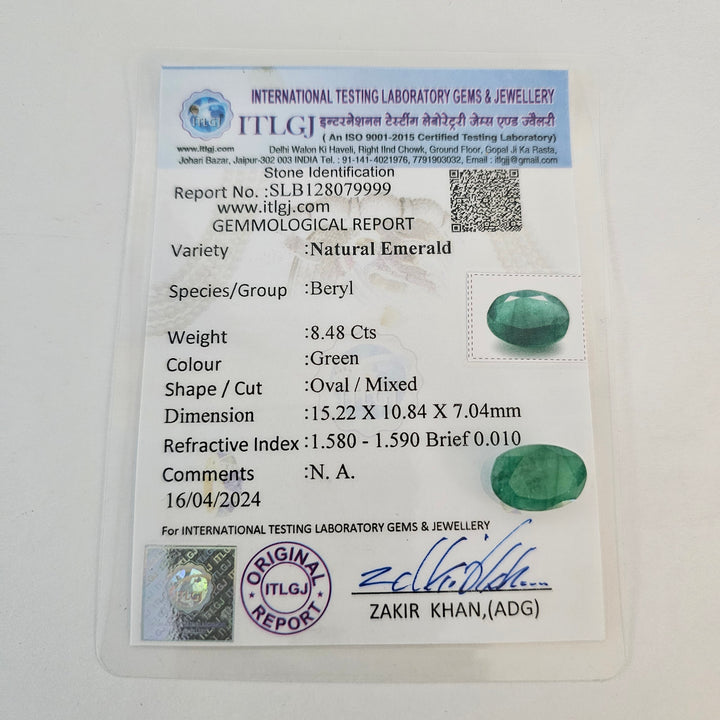 Certified Emerald (Panna)-6.75 (7.43 Ratti) Carats (7.43 Ratti) Zambia, SKU:CSXB69-1