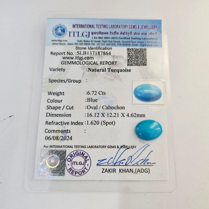 Certified Arizona Turquoise 6.72 Carats (7.39 Ratti) CWBV23-1