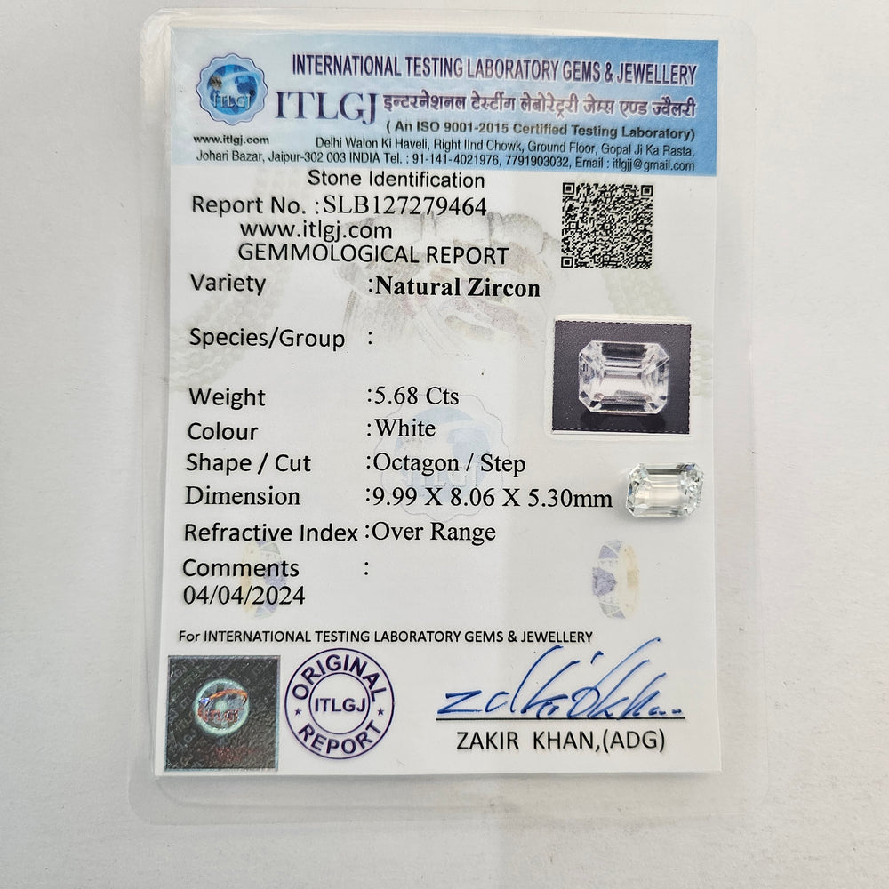 Certified White Zircon 5.90 Cts (6.49 Ratti)