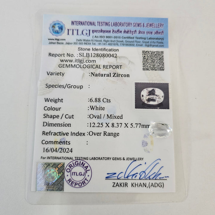 Certified White Zircon 6.88 Cts (7.57 Ratti)
