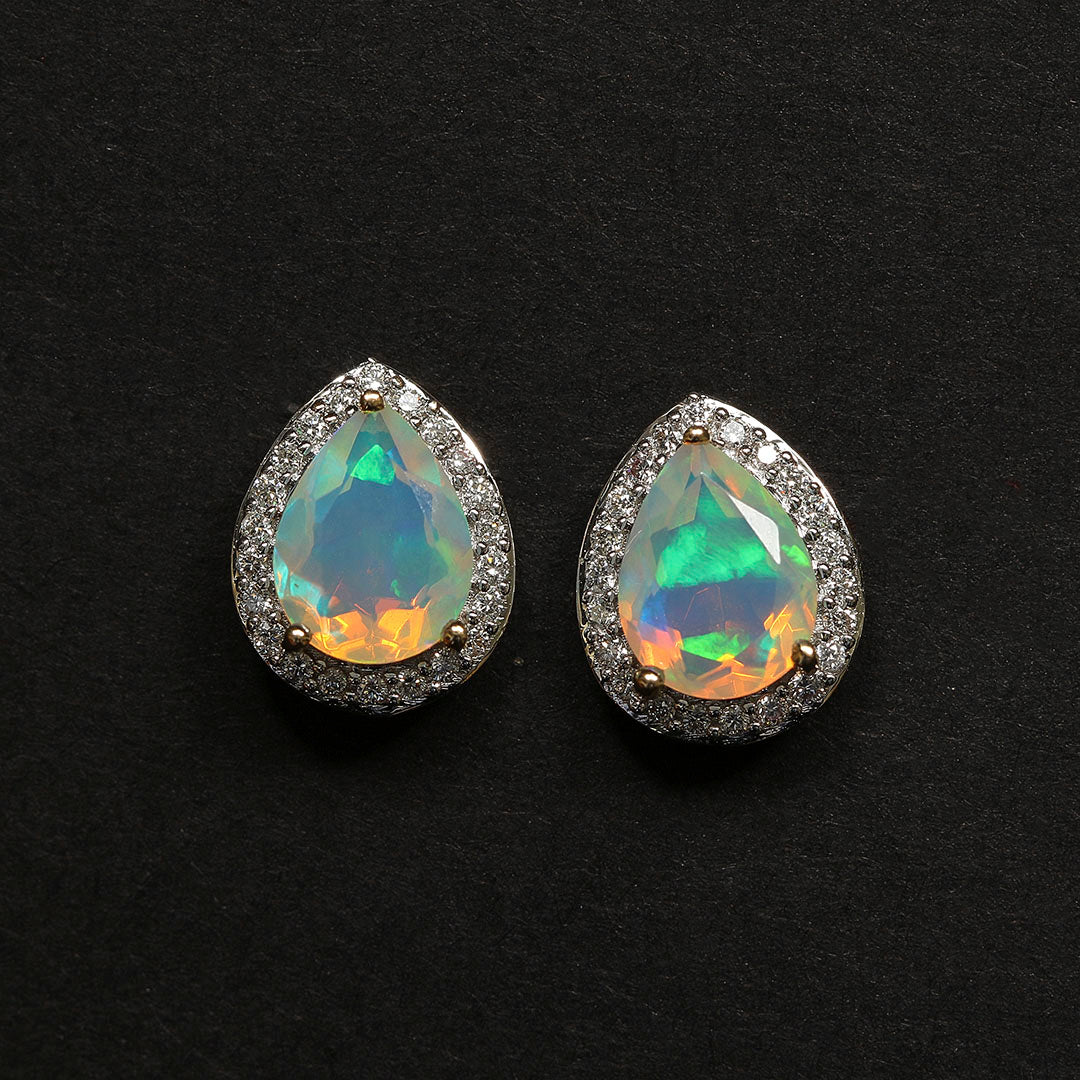 Fiery Opal and Diamond Earring Studs in 14k Gold(DMNK14)