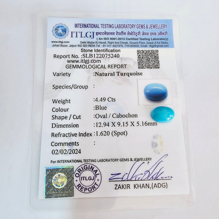 Certified Arizona Turquoise (Firoza) Oval 4.45 Cts (4.89 Ratti)