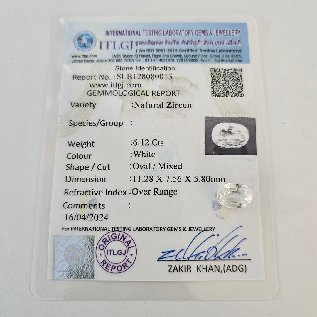 Certified White Zircon 6.72 Cts (6.11 Ratti) DUVW15