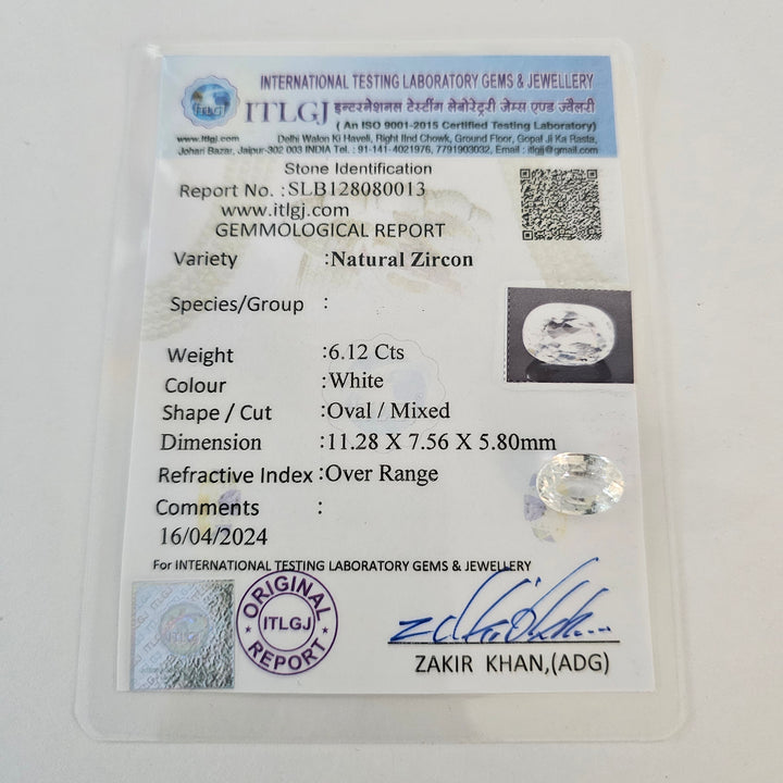 Certified White Zircon 6.72 Cts (6.11 Ratti)