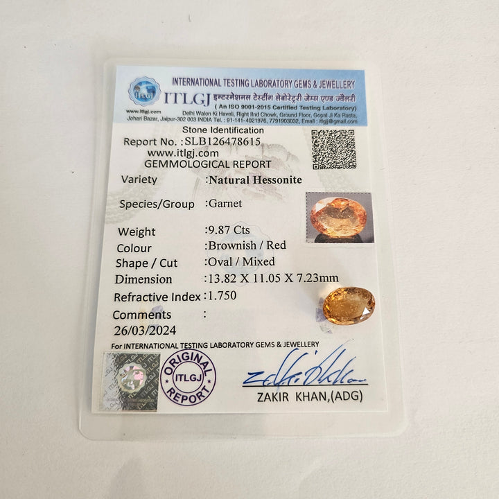 Certified Hessonite (Gomed) 9.88 Cts (10.87 Ratti) Sri Lanka (Ceylon)