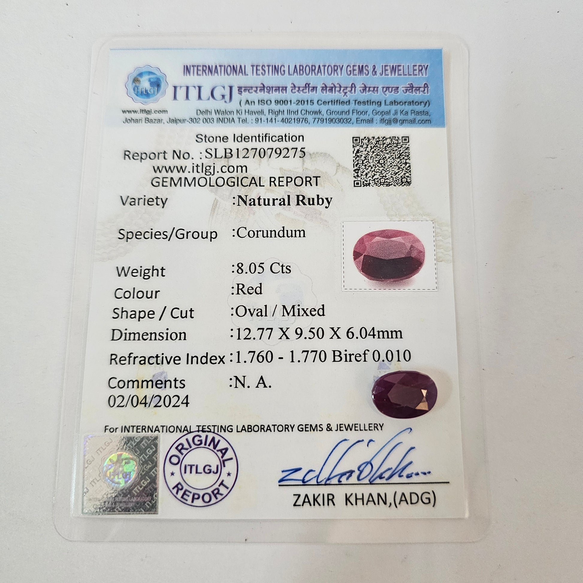 Certified Ruby (Manik) 8.00 Cartas (8.80 Ratti)