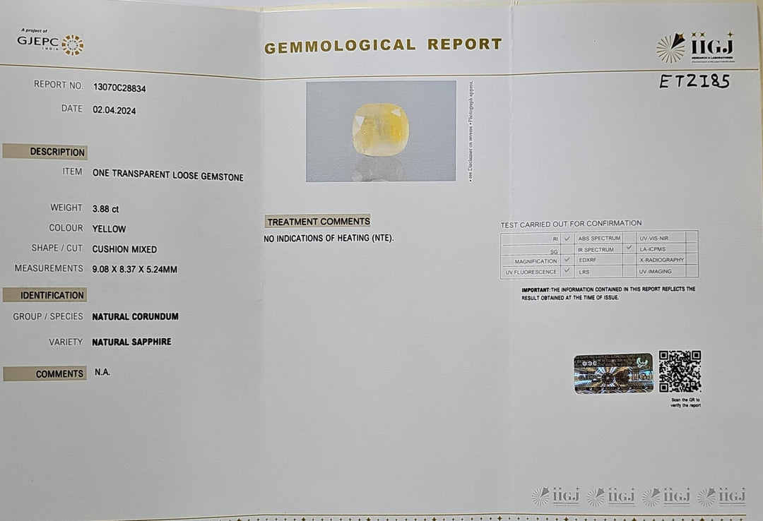 Yellow Sapphire (Pukhraj) 3.88 Cts (4.27 Ratti) Sri Lanka (Ceylon)