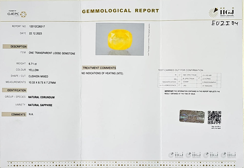 Yellow Sapphire (Pukhraj) 6.71 Cts (7.37 Ratti) Sri Lanka (Ceylon)