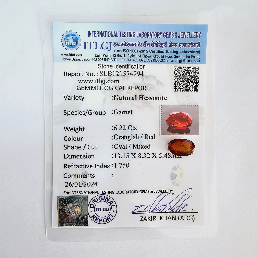 Certified Hessonite (Gomed) 6.22 Cts (6.84 Ratti) Sri Lanka (Ceylon)