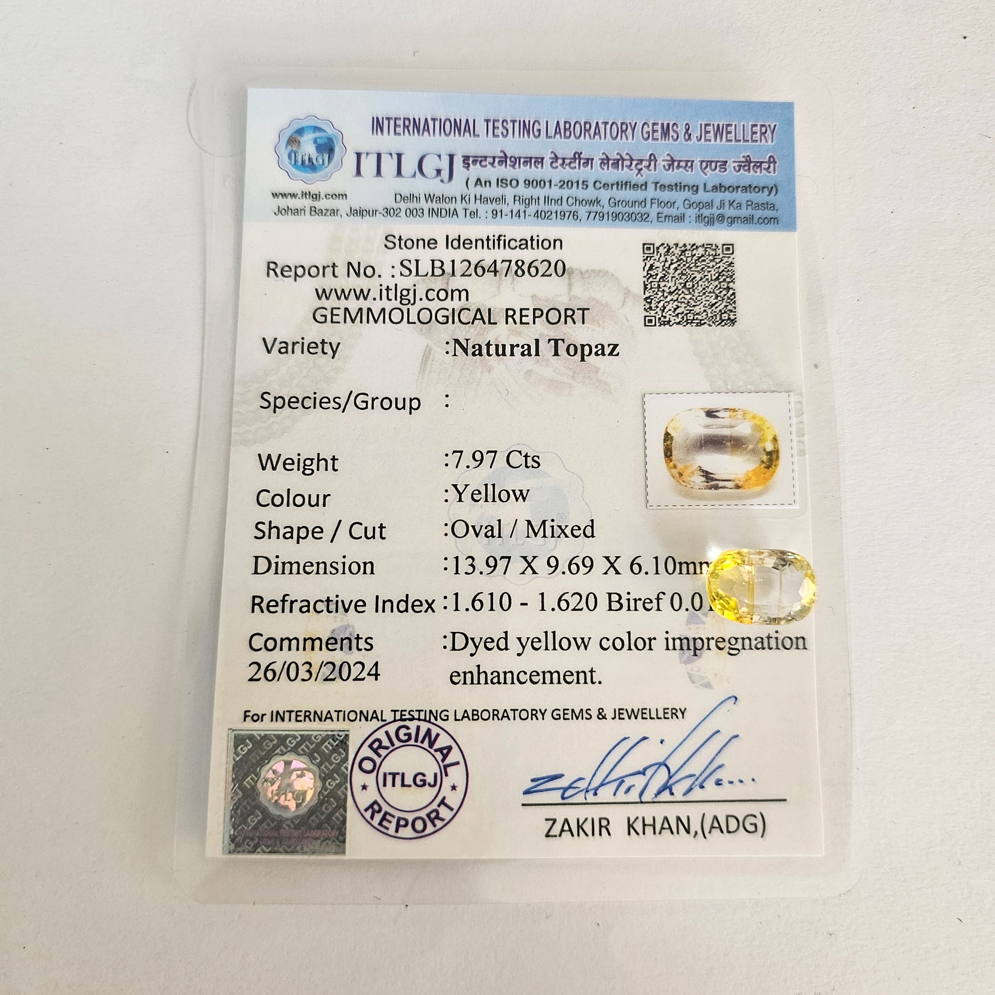 Certified Yellow Topaz 7.97 Cts (8.76 Ratti) FVZI30