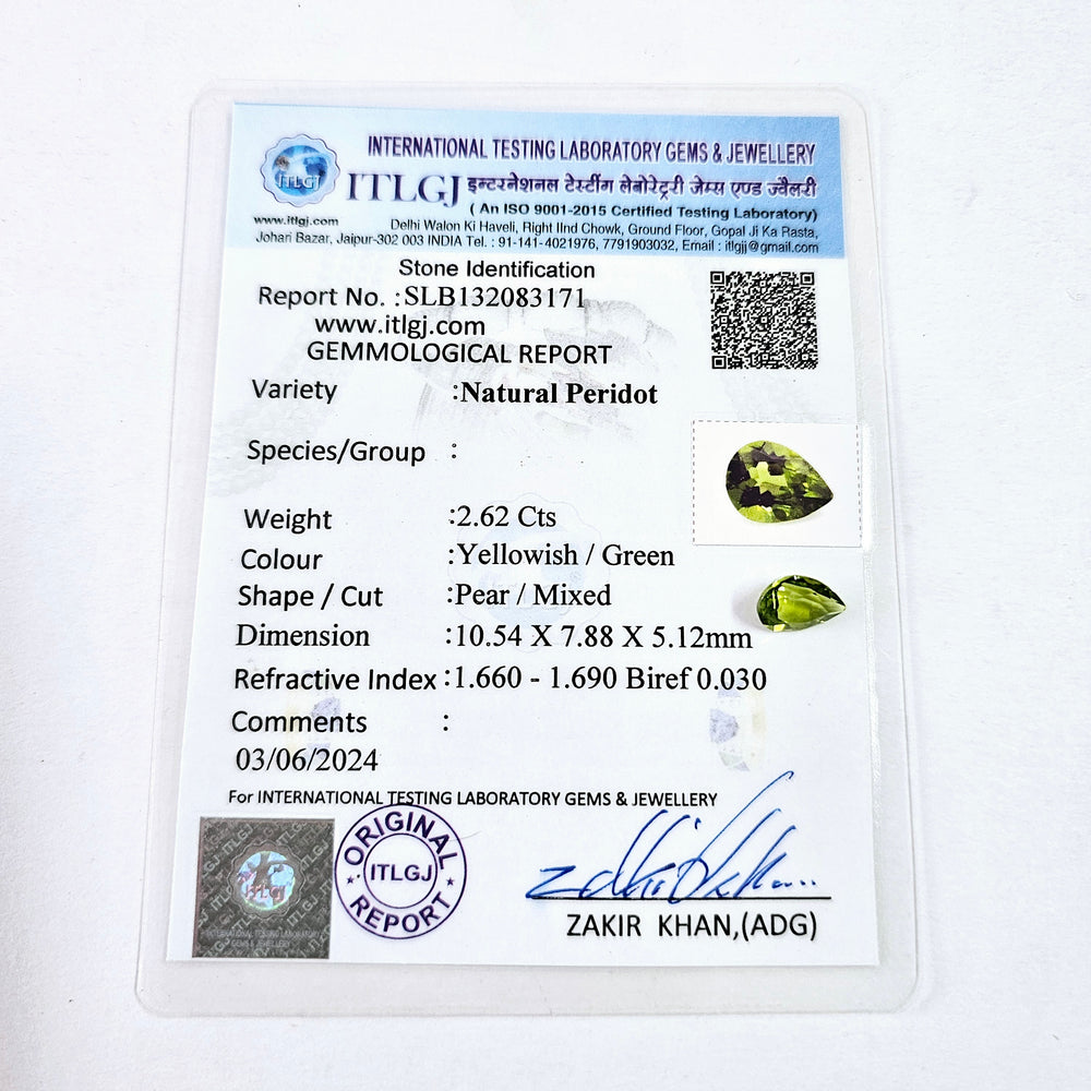 Certified Peridot Pear 2.43 Carats