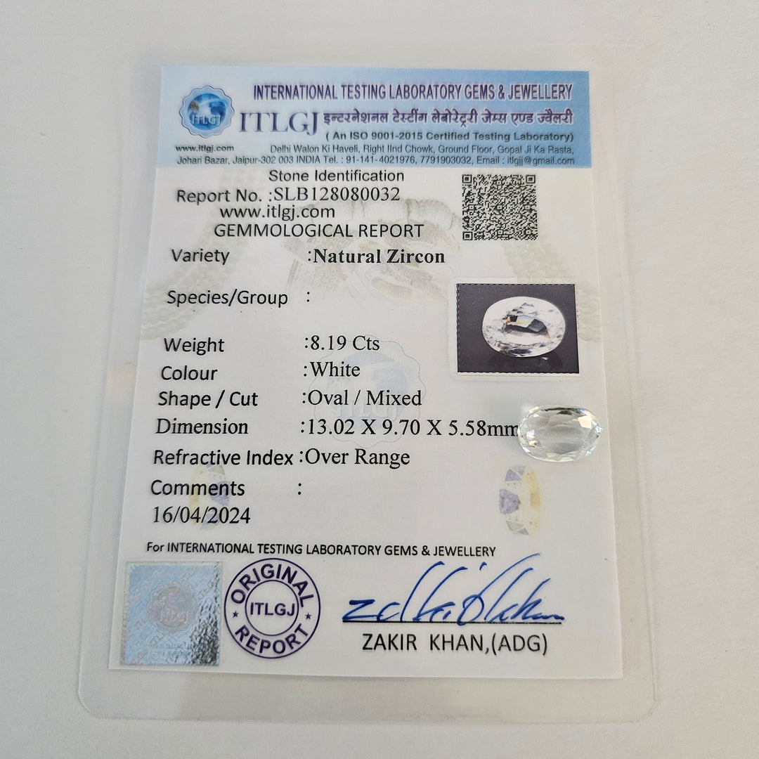 Certified White Zircon 8.18 Cts (9.00 Ratti)