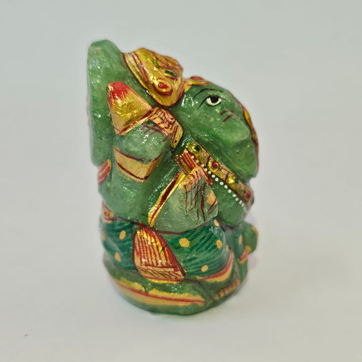 Green Aventurine Ganesha Painted Natural Gemstone Idol