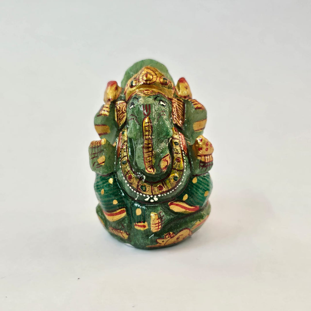 Green Aventurine Ganesha Painted Natural Gemstone Idol