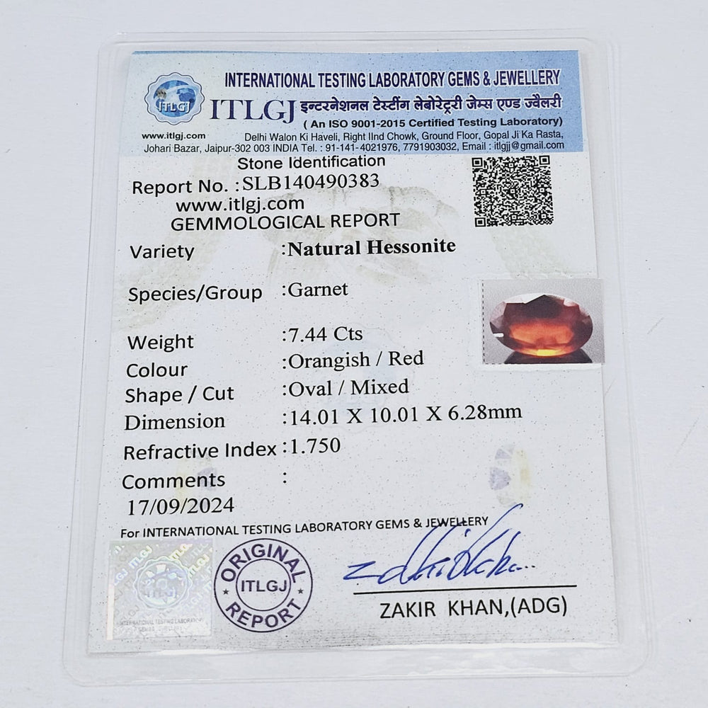 Certified Hessonite (Gomed) 7.44 Cts (8.18 Ratti) India GSNF71