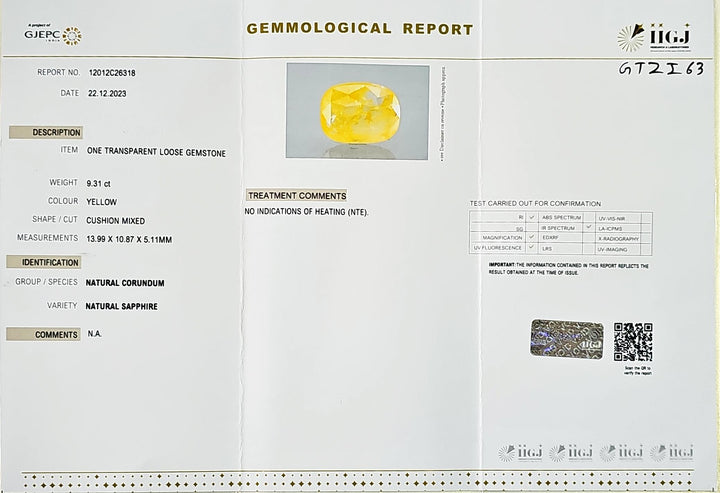 Yellow Sapphire (Pukhraj) 9.31 Cts (10.23 Ratti) Sri Lanka (Ceylon)