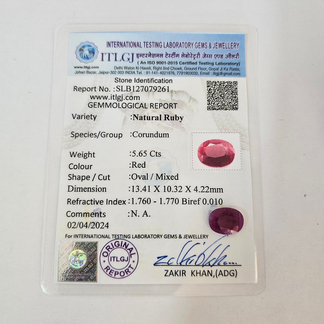 Certified Ruby (Manik) 5.65 Cartas (6.22 Ratti)