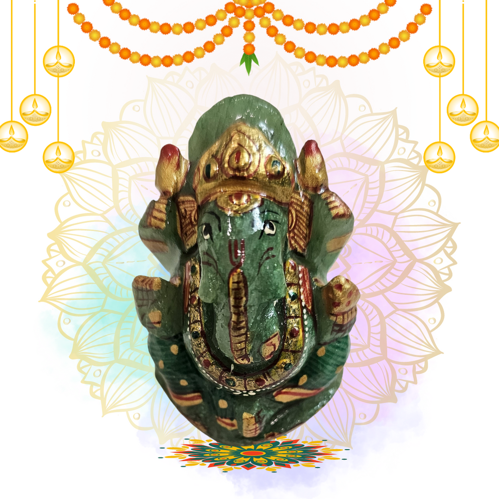 Green Aventurine Ganesha Painted Natural Gemstone Idol