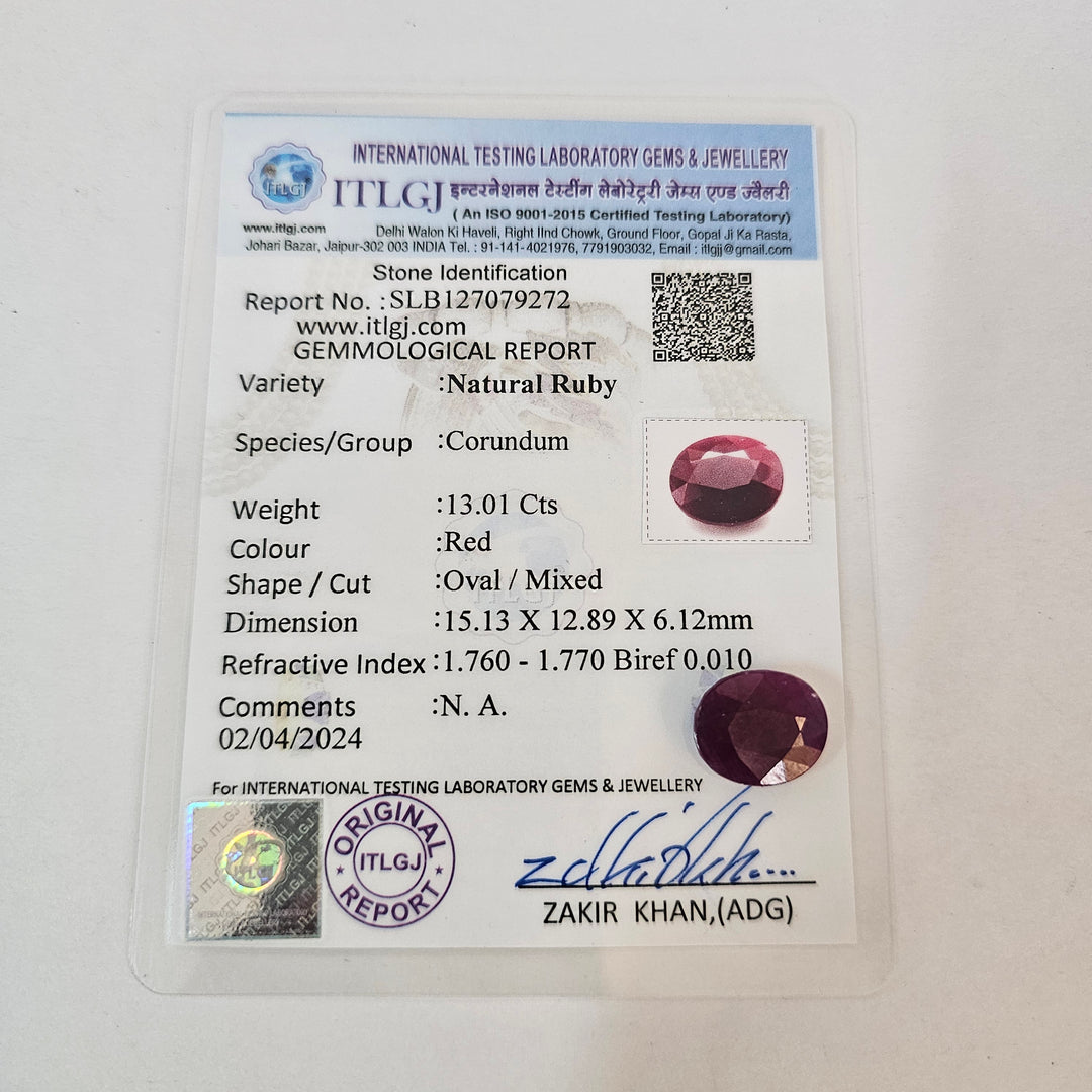 Certified Ruby (Manik) 12.98 Cartas (14.28 Ratti)